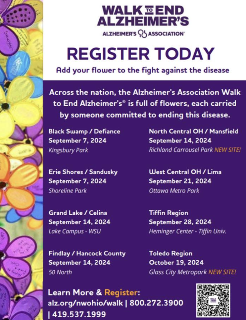 Purple and White Flyer with the events of the day for a walk to end alzheimher's